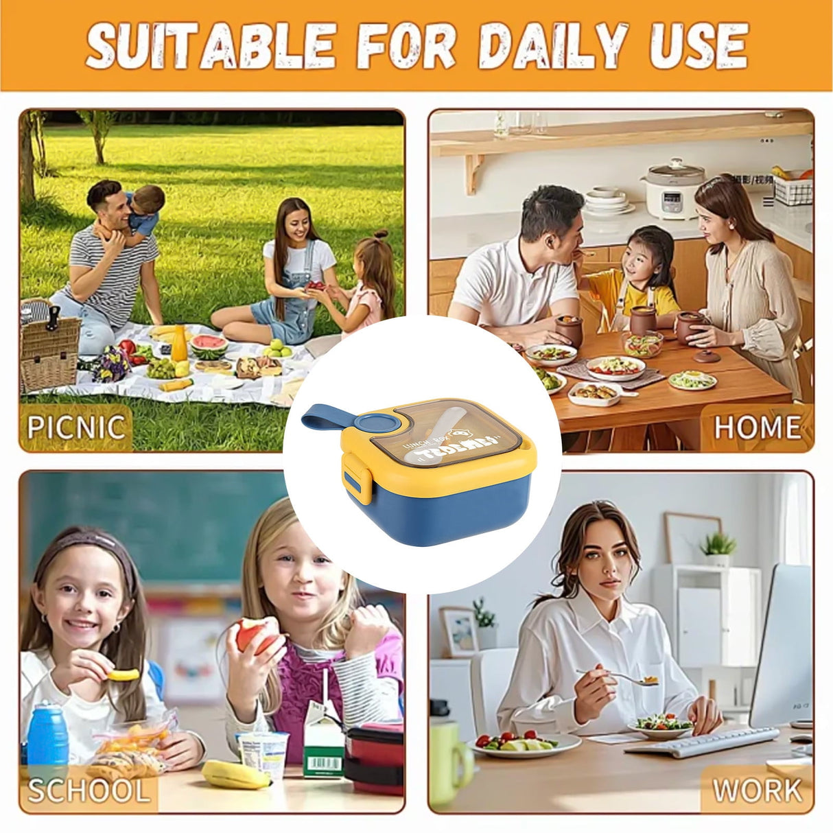 Blue bento lunch box with compartments