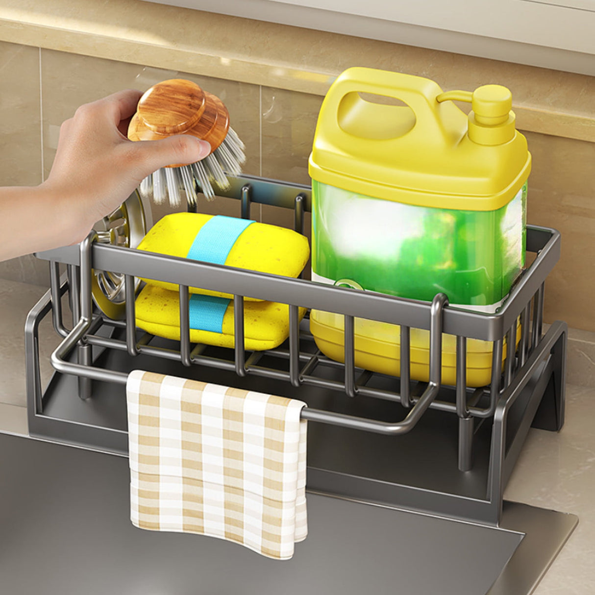 Inclined drainage tray beneath the sink caddy discharging water