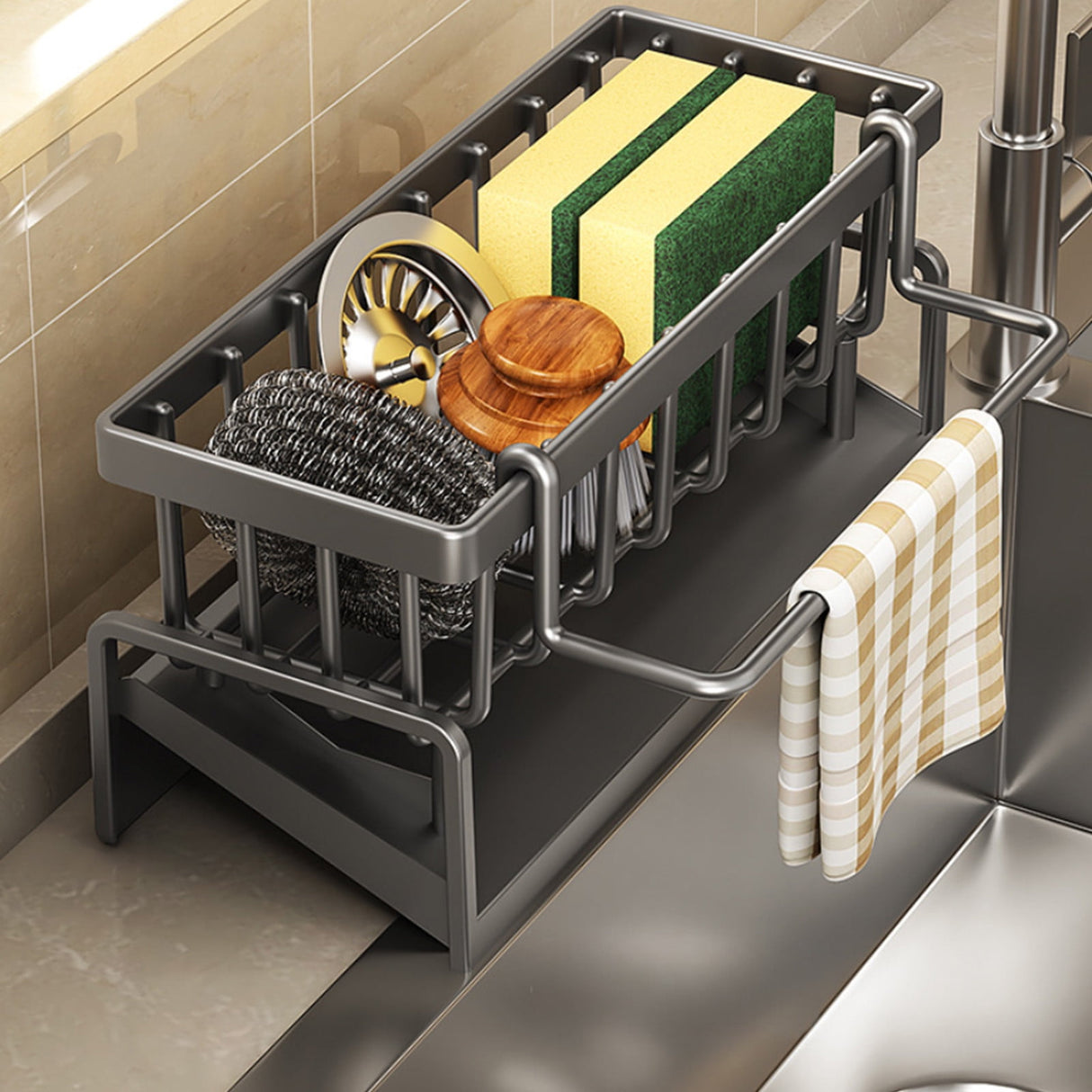 Dimension diagram of sink caddy measuring 23 by 11 by 9 cm