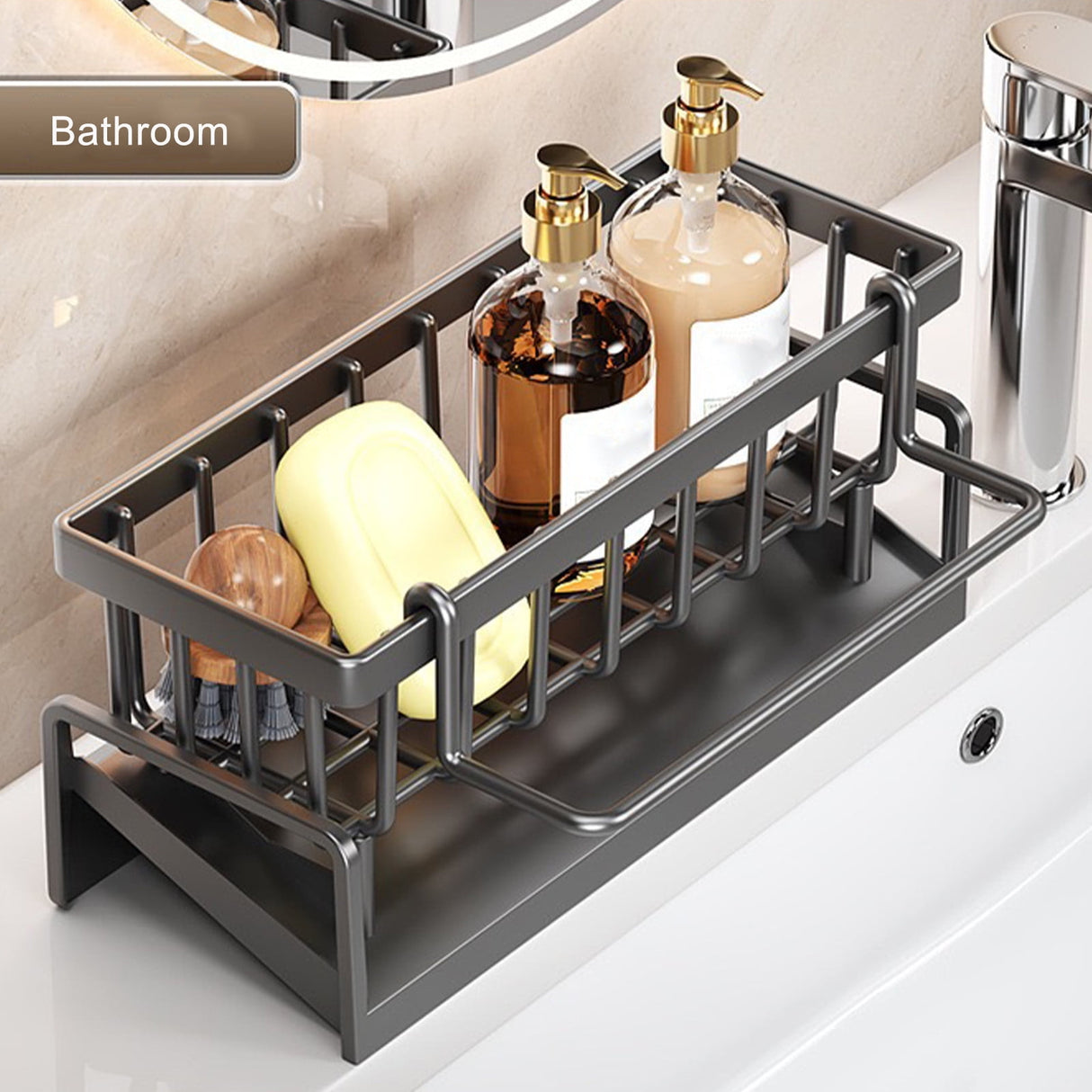 Sink caddy organiser used on a bathroom basin holding soap and a brush
