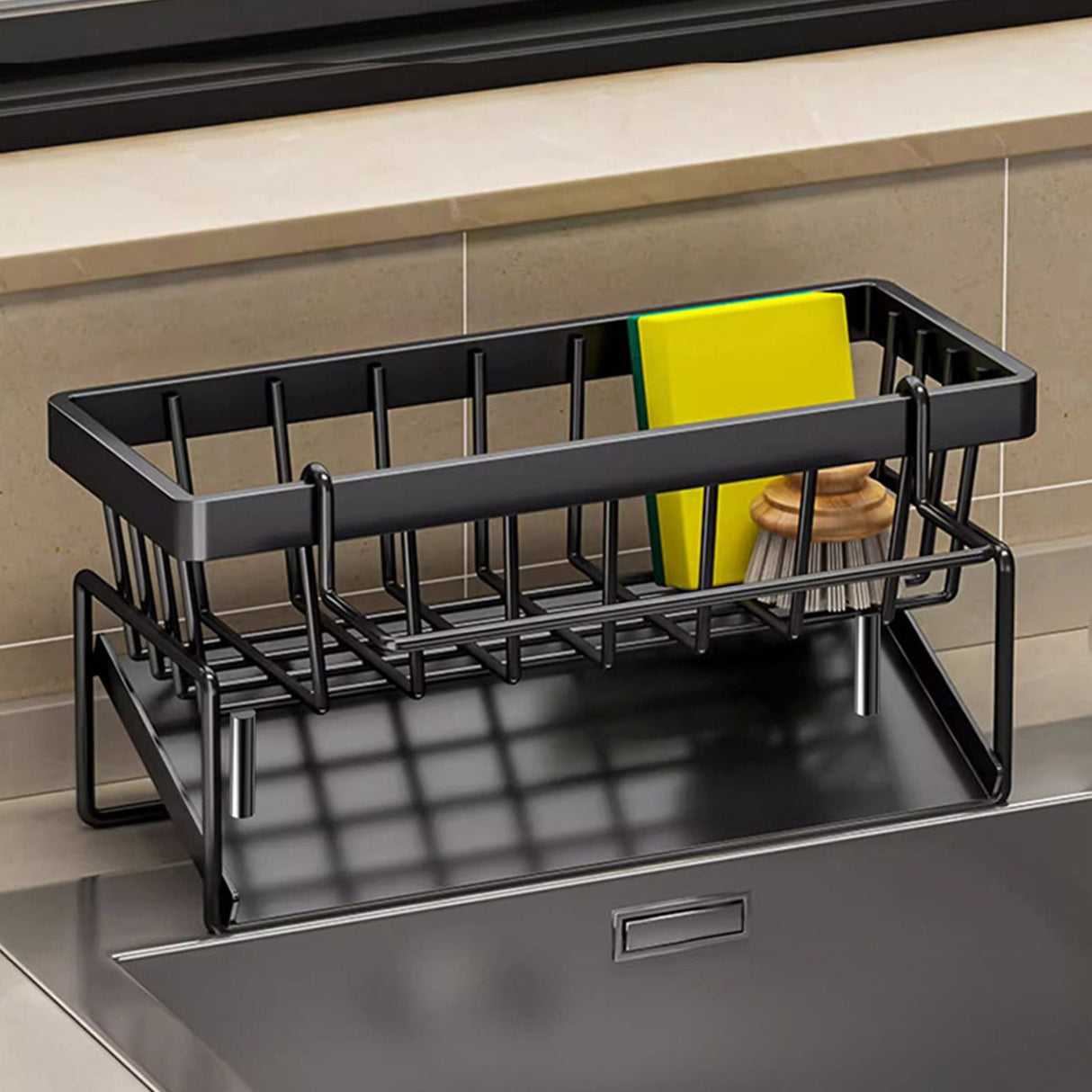 Black sink caddy organiser with draining tray and hanging towel rod