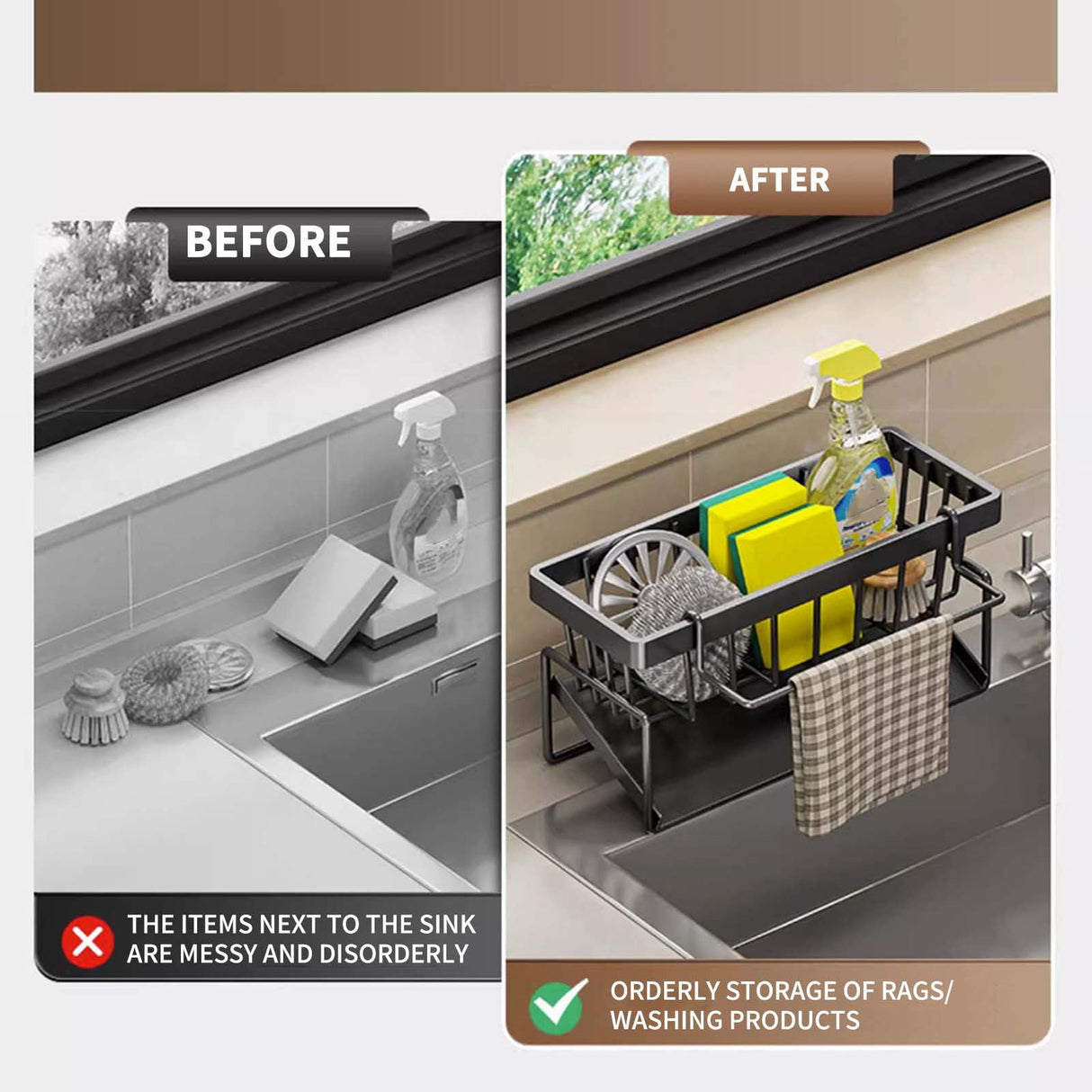 Detachable tray removed from the grey sink caddy for cleaning