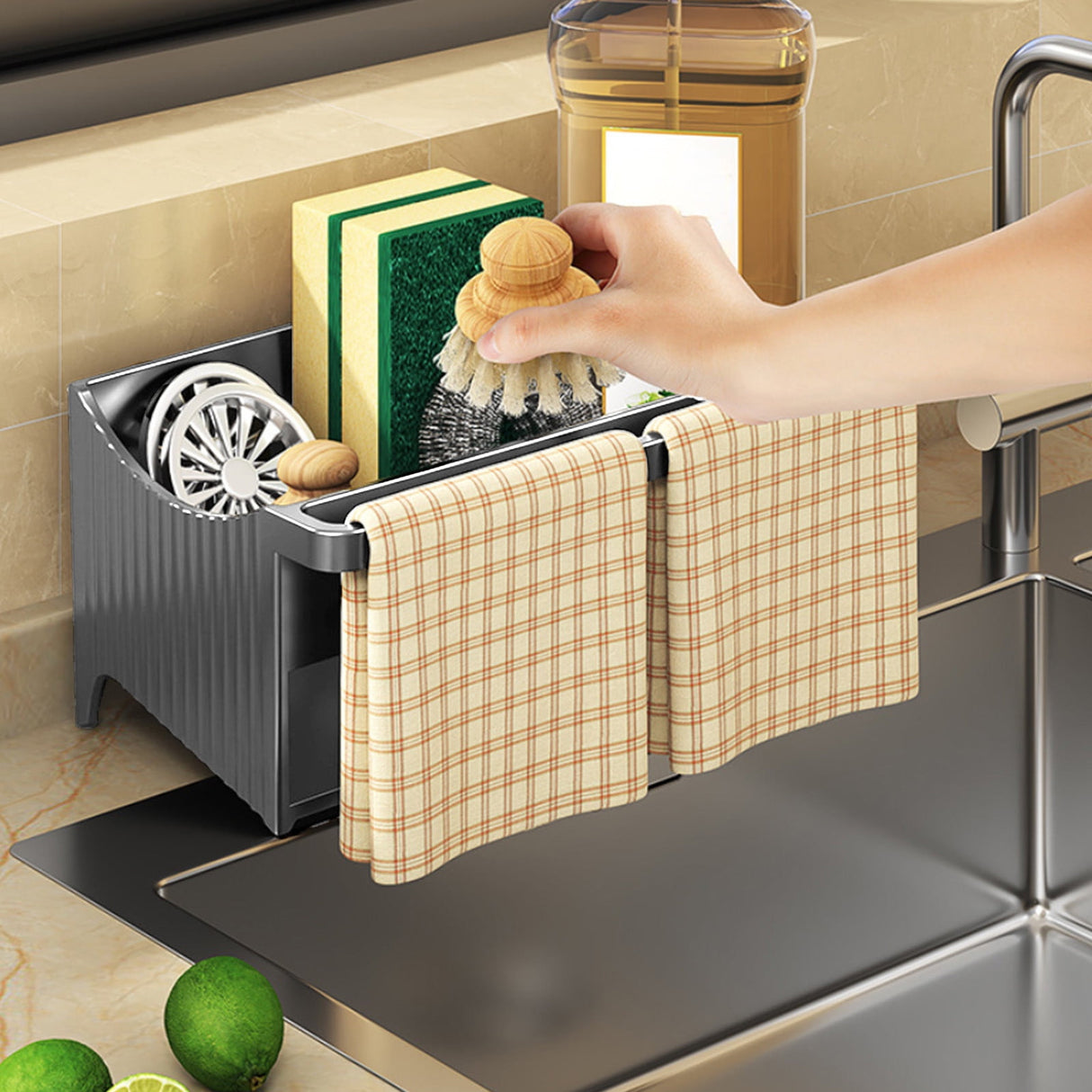 Detachable tray removed from the grey sink caddy for cleaning