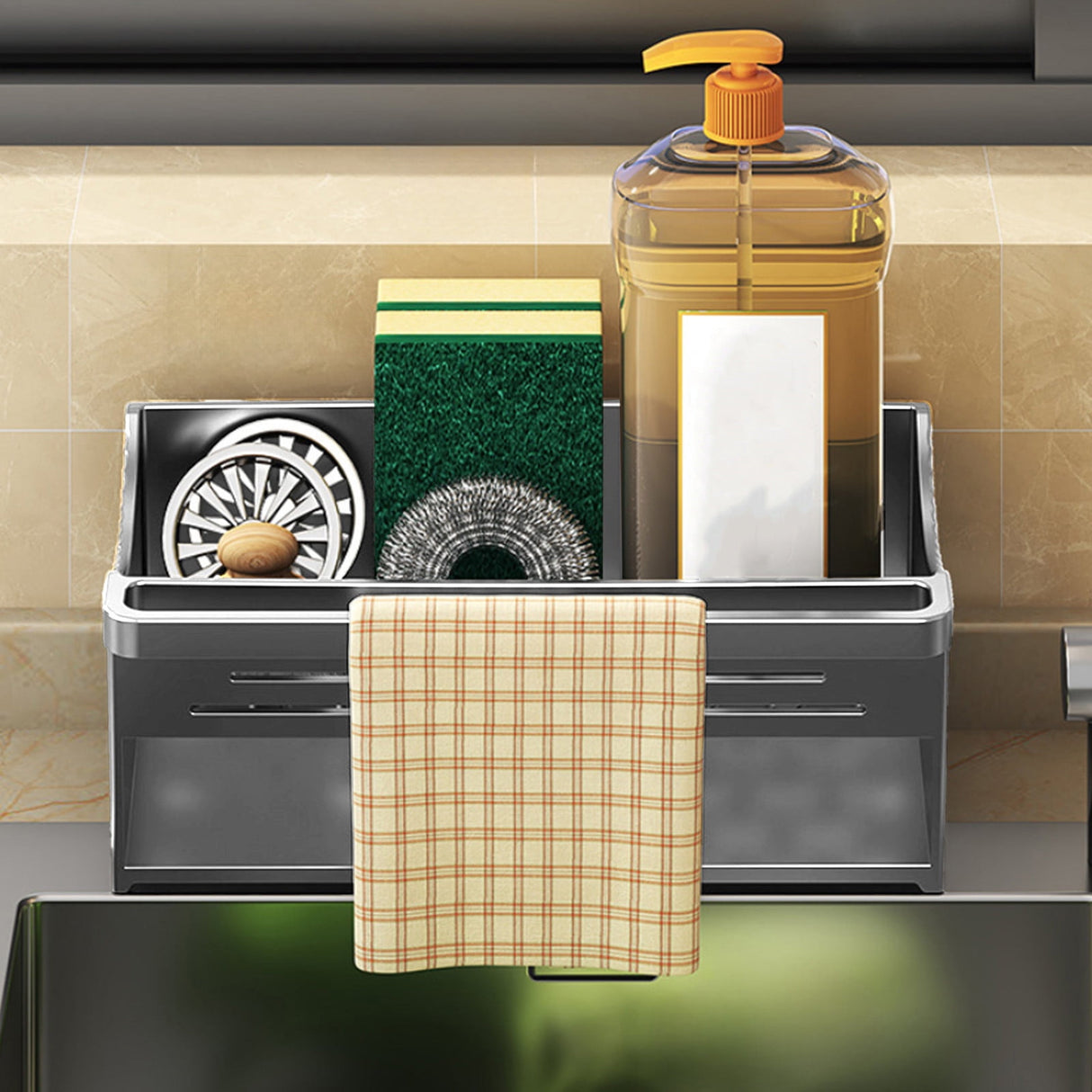 Dimensions of the grey sink caddy organiser on a plain background
