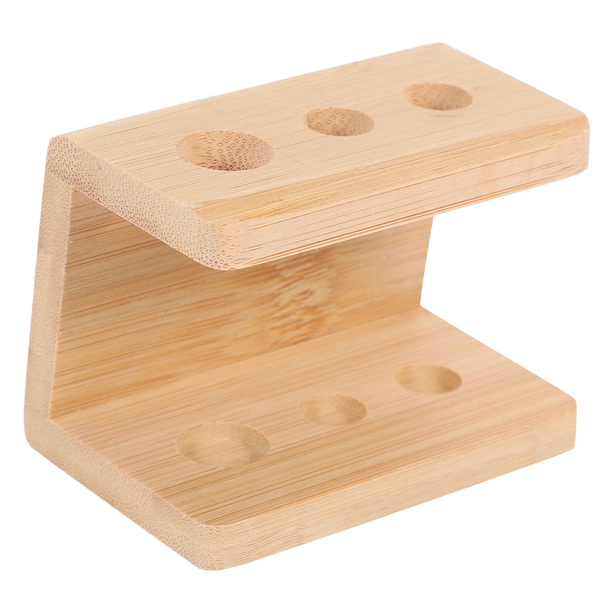 Bamboo toothbrush holder shown with dimensions 8.4cm by 6.1cm by 5.5cm