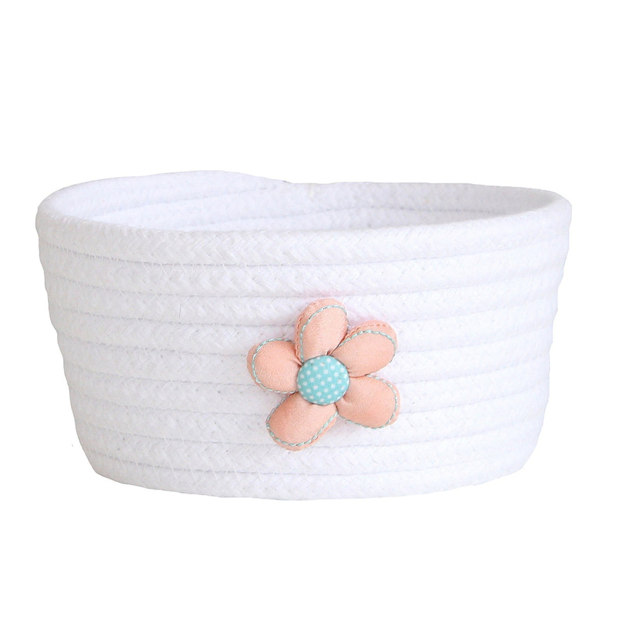 White woven cotton rope storage basket