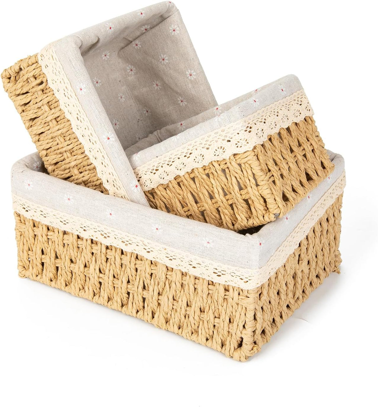 Woven Storage Basket Set with Fabric Lining, Floral, 3 Piece
