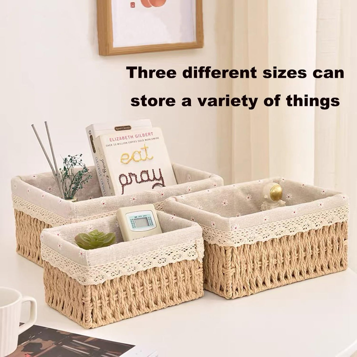 Woven Storage Basket Set with Fabric Lining, Floral, 3 Piece