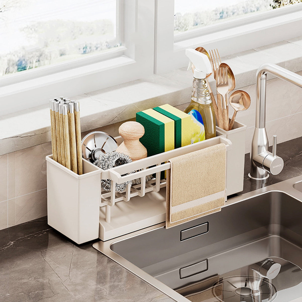 Sink sponge holder in use on a kitchen benchtop next to the tap