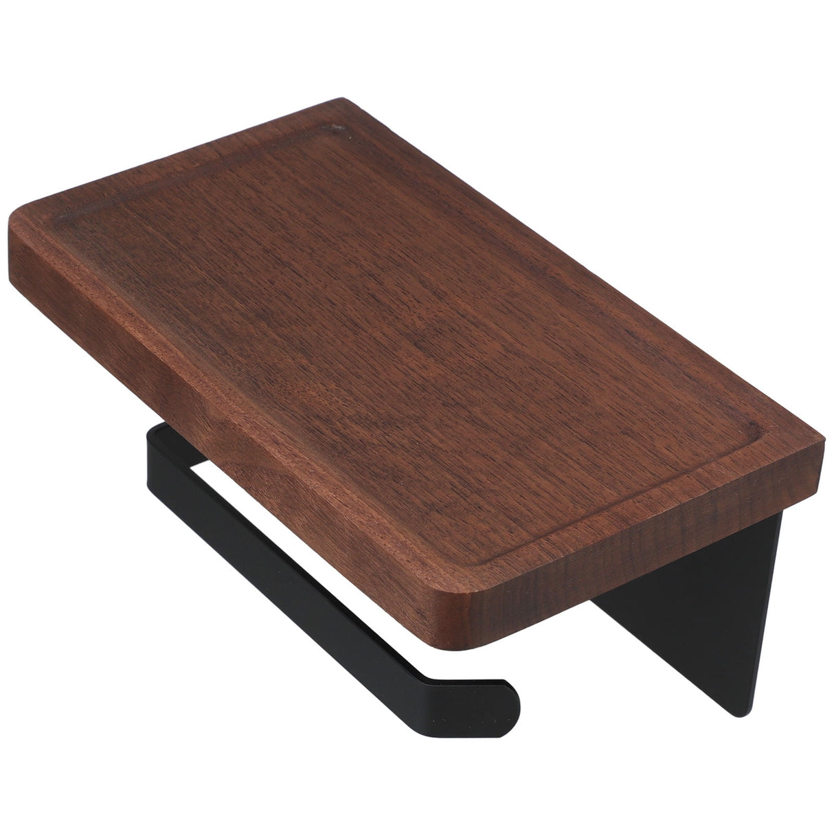 Angled view showing the timber shelf and stainless steel frame of the roll holder