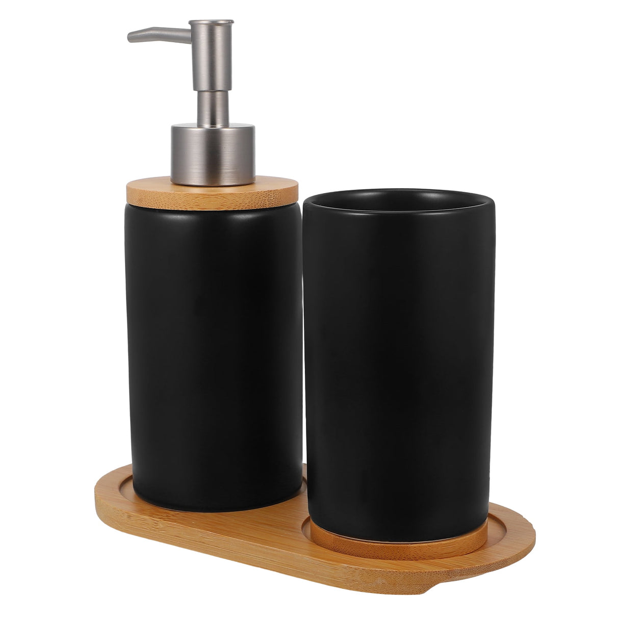 Black ceramic soap dispenser with bamboo tray bathroom accessories set