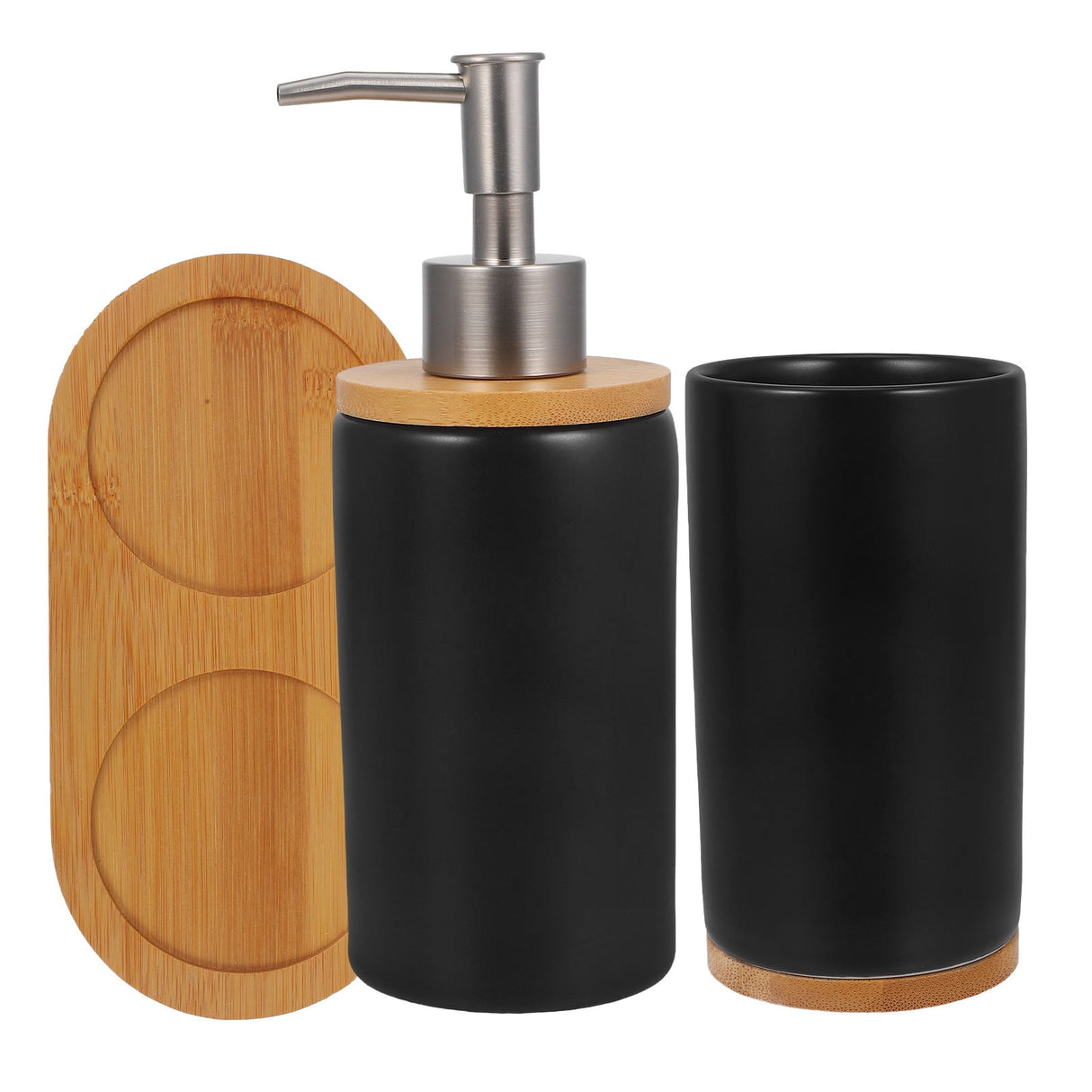 Close view of the glazed black ceramic dispenser body and pump head