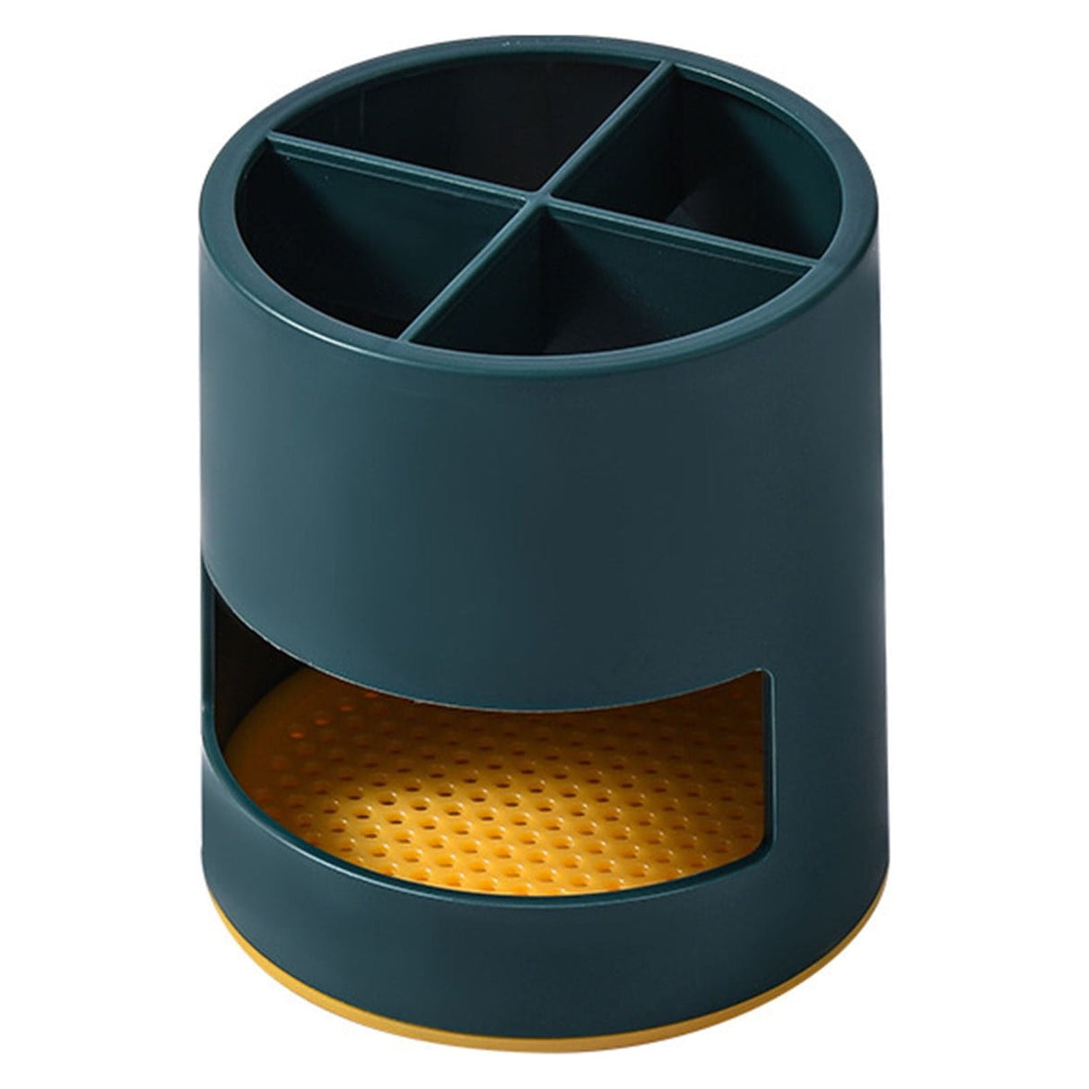 White plastic toothbrush holder with four compartments on a bathroom countertop