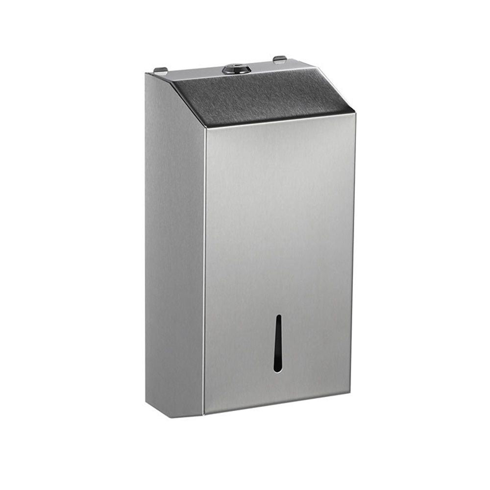 Stainless steel wall mounted paper towel dispenser in a washroom