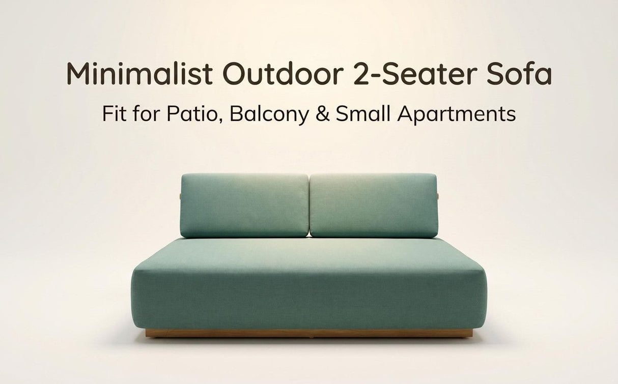 Seaforth timber and fabric two seater outdoor sofa in an outdoor setting