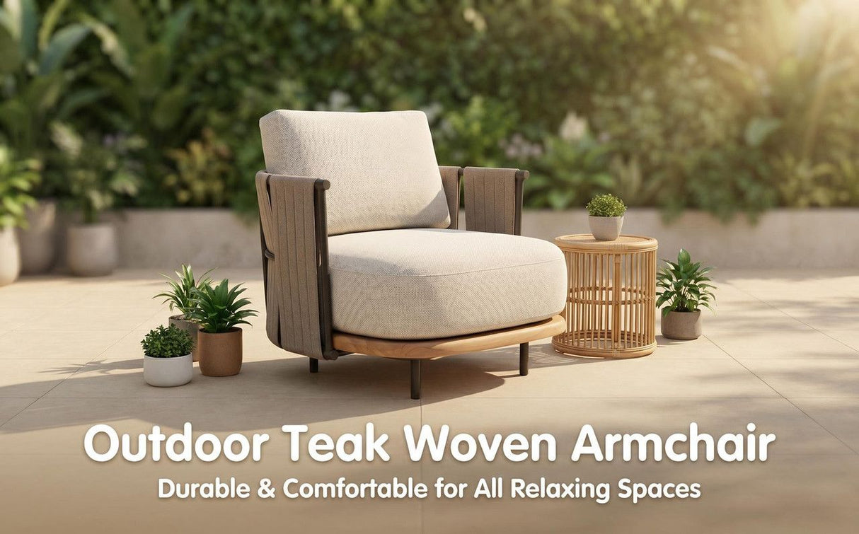 Yamba outdoor armchair with teak frame, woven armrests and light grey cushion on a deck