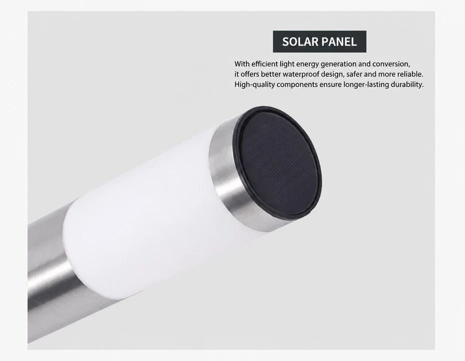 Cylindrical stainless steel solar path light detail