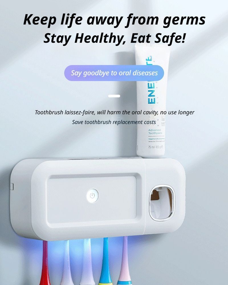 Automatic toothpaste dispenser on the grey toothbrush holder in use