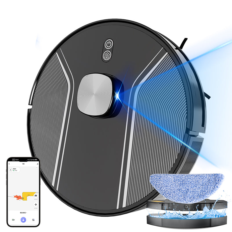 Low profile robot vacuum and mop with charging dock