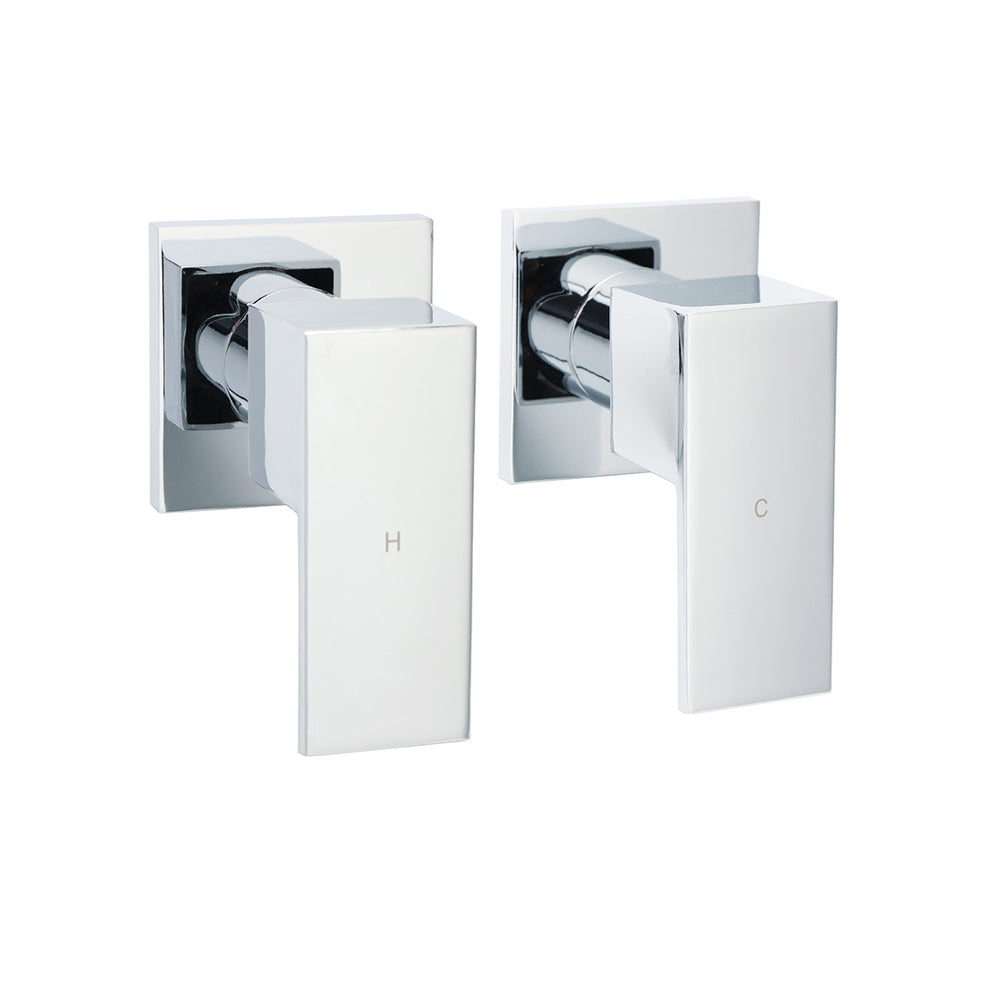 Polished chrome square quarter turn wall twin taps, view 1