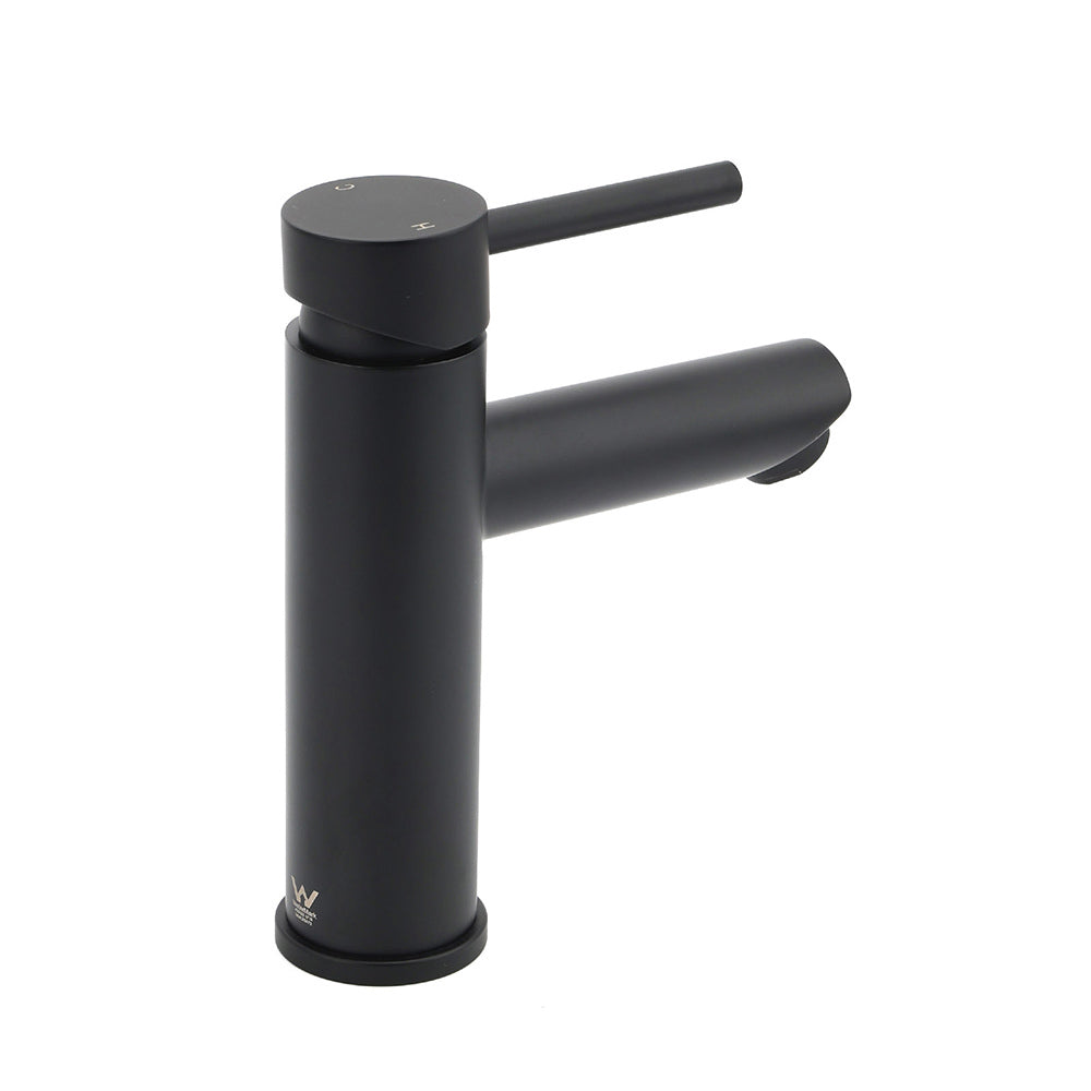 Matt black round basin mixer tap with braided hoses, view 3