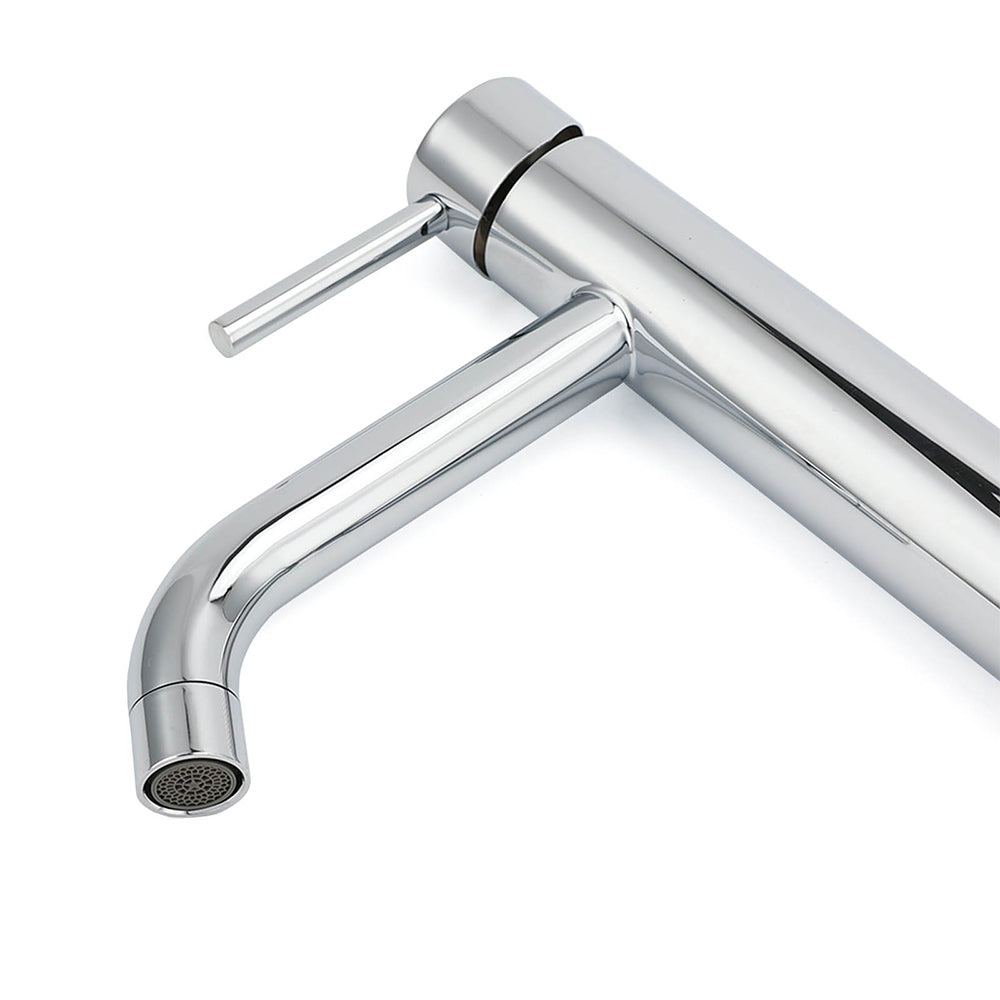Polished chrome tall curved spout basin mixer tap, view 4