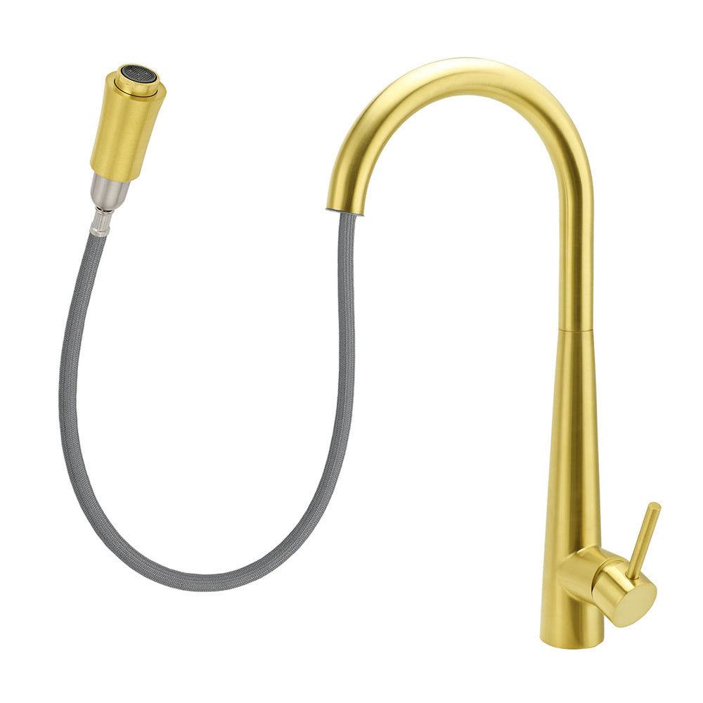 Pull Out Kitchen Mixer Tap, Round, Flexible Spout, Brushed Gold