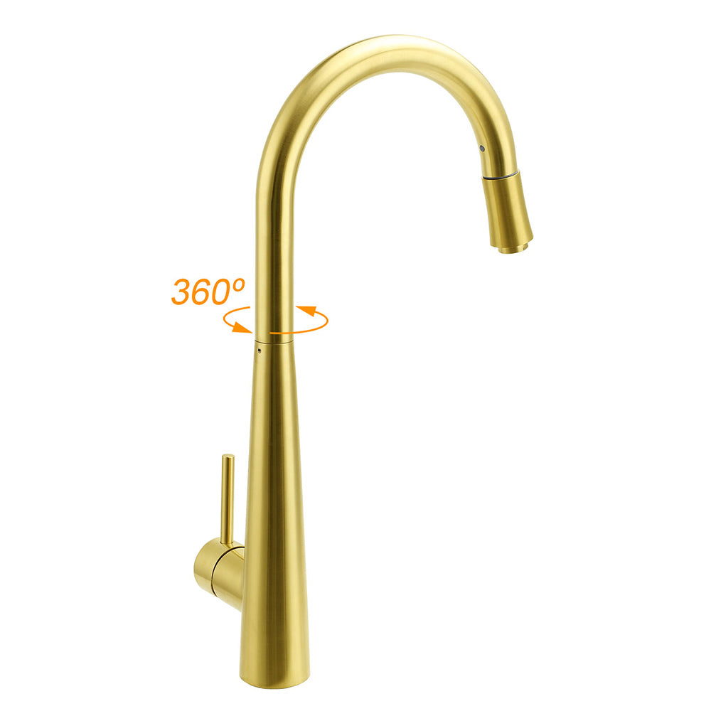 Pull Out Kitchen Mixer Tap, Round, Flexible Spout, Brushed Gold