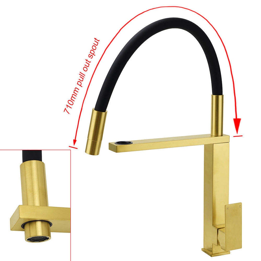 Tall Pull Out Kitchen Sink Mixer Tap, Brushed Gold