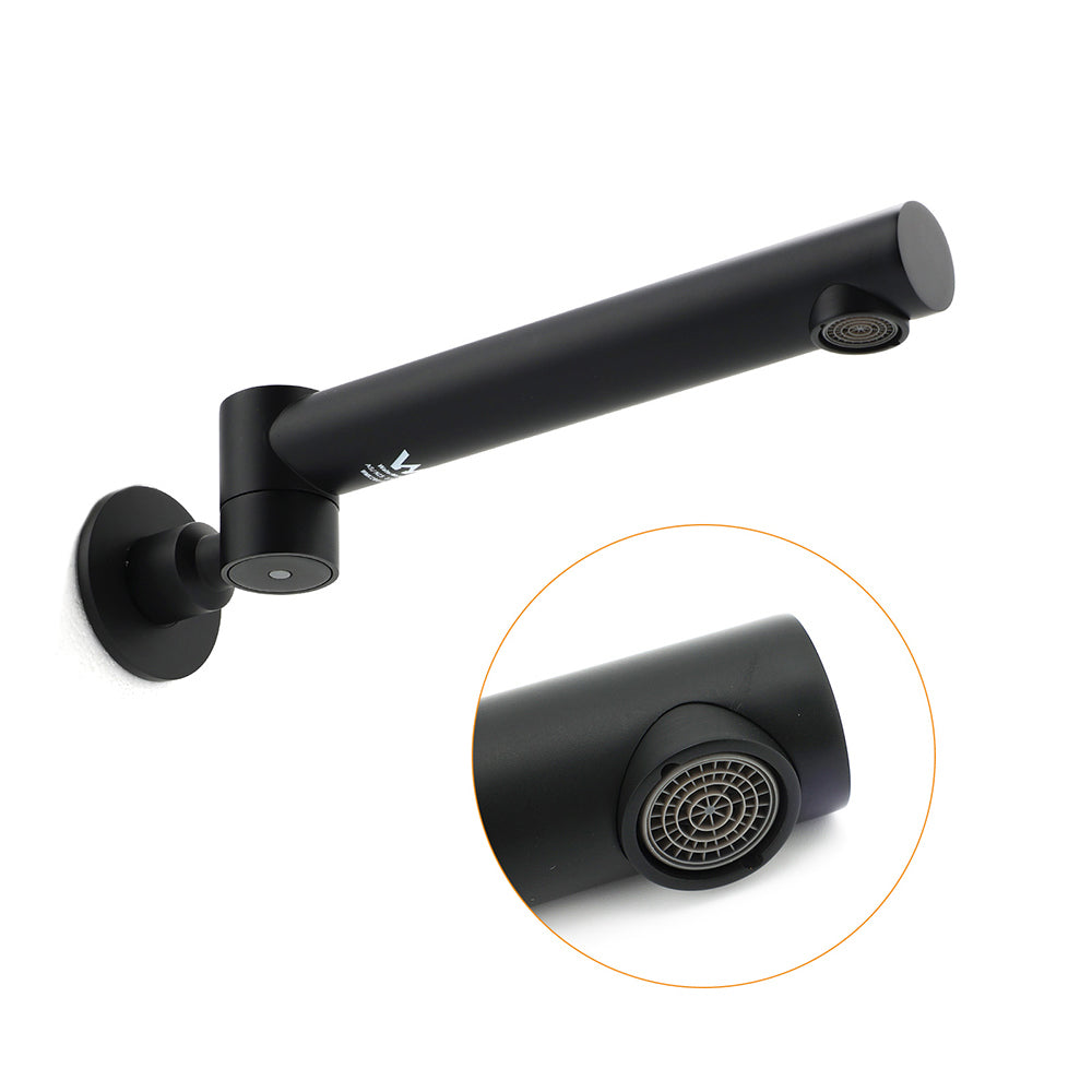 Matt black round wall mounted bath and basin spout with 180 degree swivel outlet, view 3