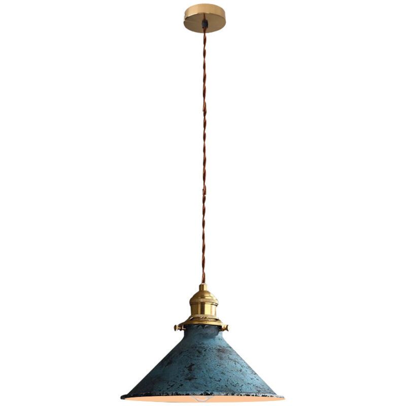 Blue industrial cage pendant light, detail view