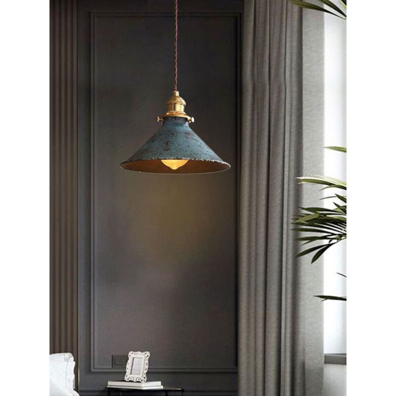Blue industrial cage pendant light, alternate view