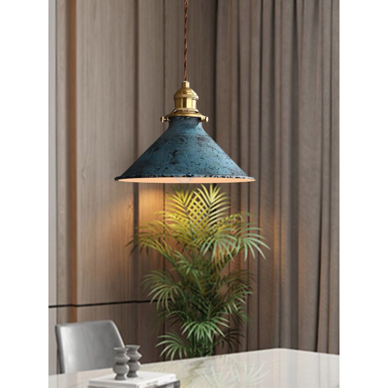 Blue industrial cage pendant light, hanging view