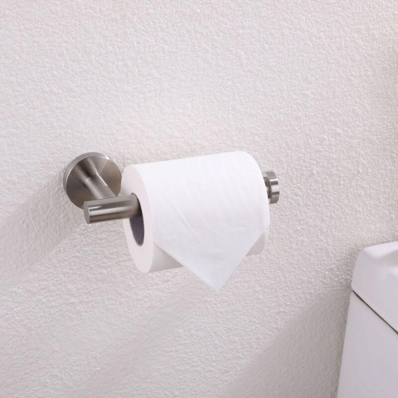 Silver stainless steel roll holder with a large toilet roll and raised end button