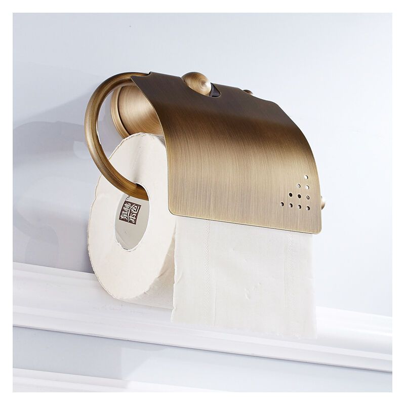 Lid lifted to show a toilet roll loaded in the brass holder