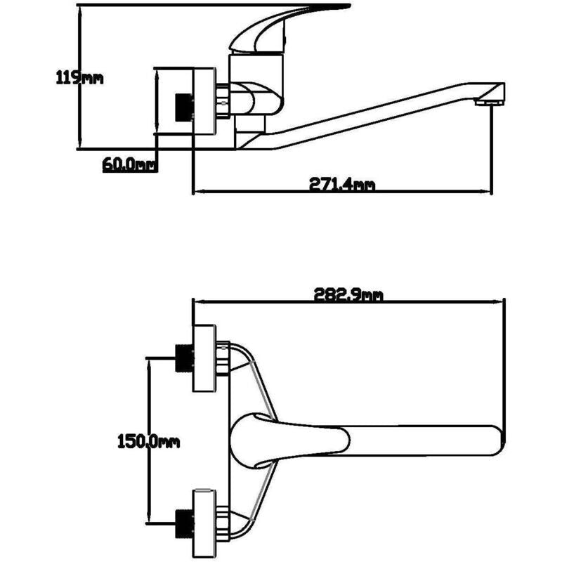 Silver wall mounted kitchen mixer tap with low spout