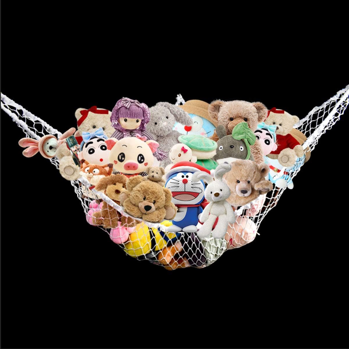 Jumbo white stuffed animal storage net in a room corner