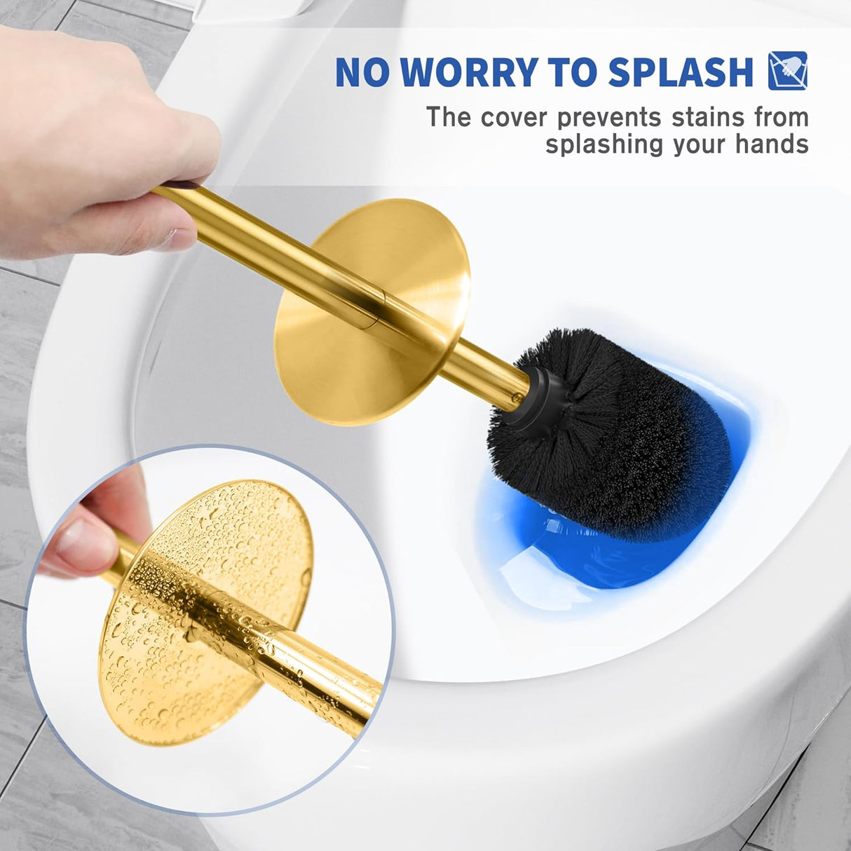 Bristle brush head on the extended gold toilet brush handle