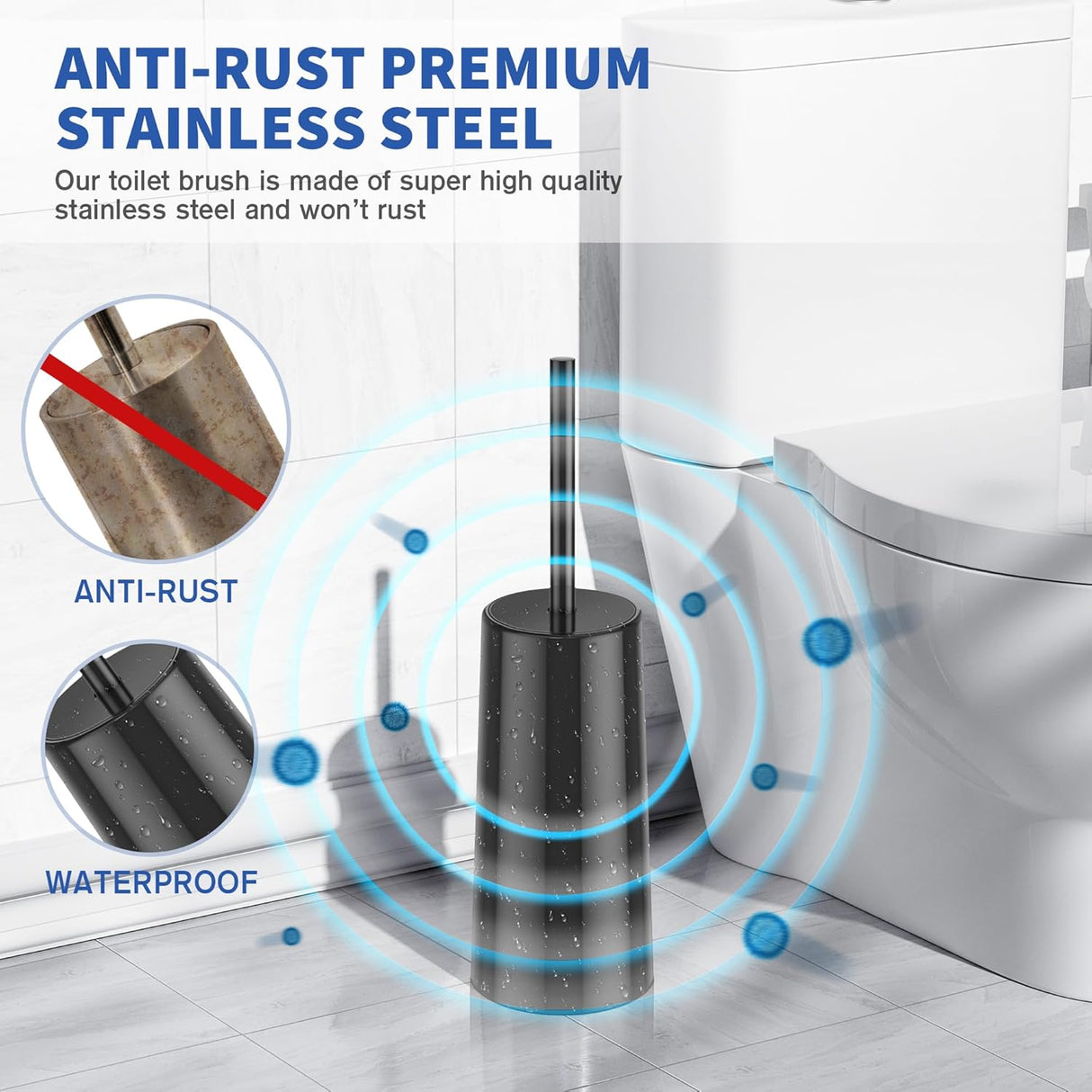 Long stainless steel toilet brush handle lifted from the black lidded holder