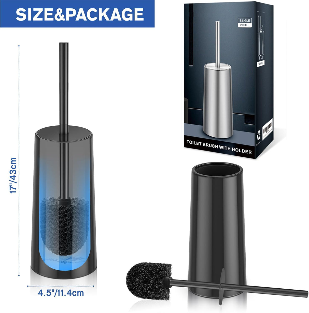 Black stainless steel toilet brush set styled in a modern bathroom