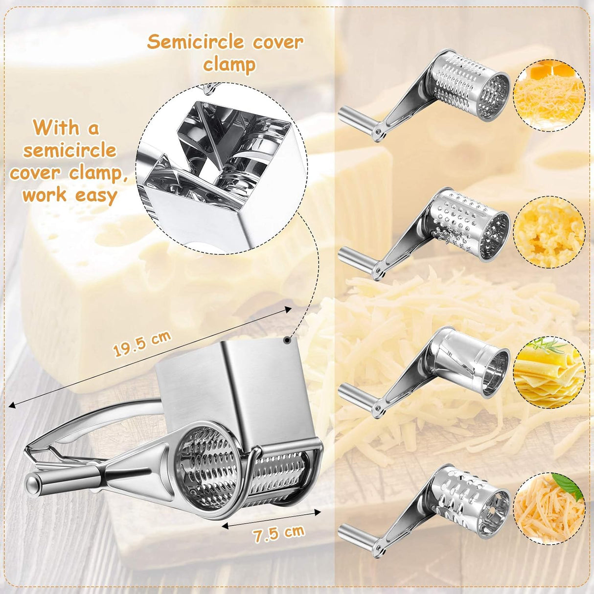 Rotary grater in use shredding hard cheese over a plate