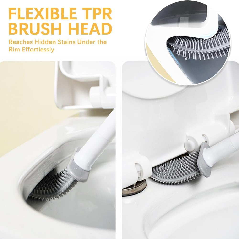 Black silicone toilet brush with detachable handle and wall-mounted holder