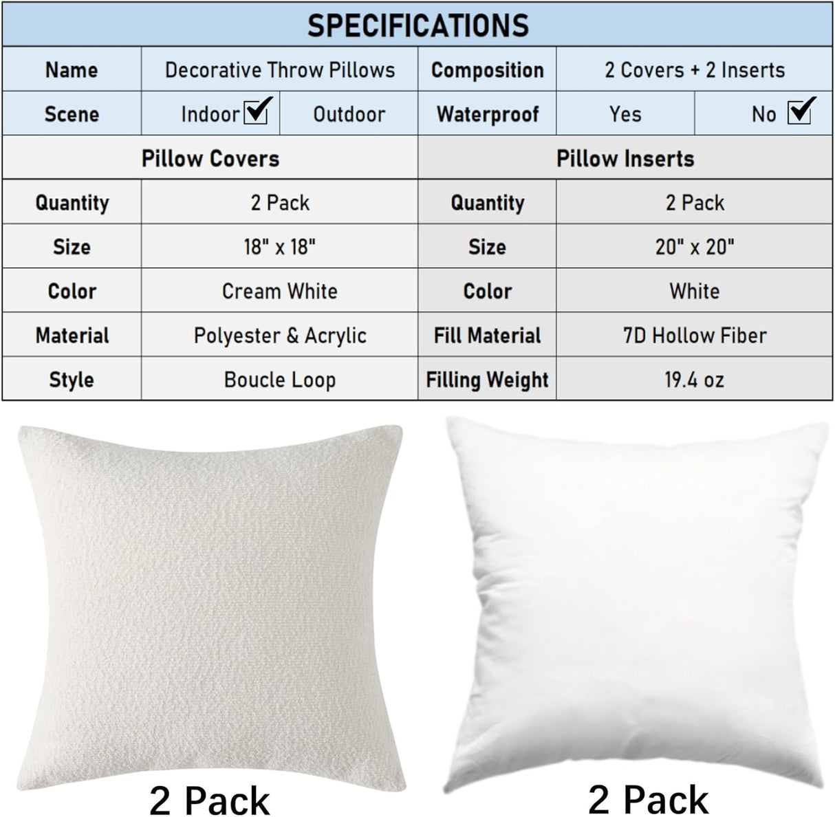 Hamilton Boucle Throw Cushions, White, 18" 2pcs