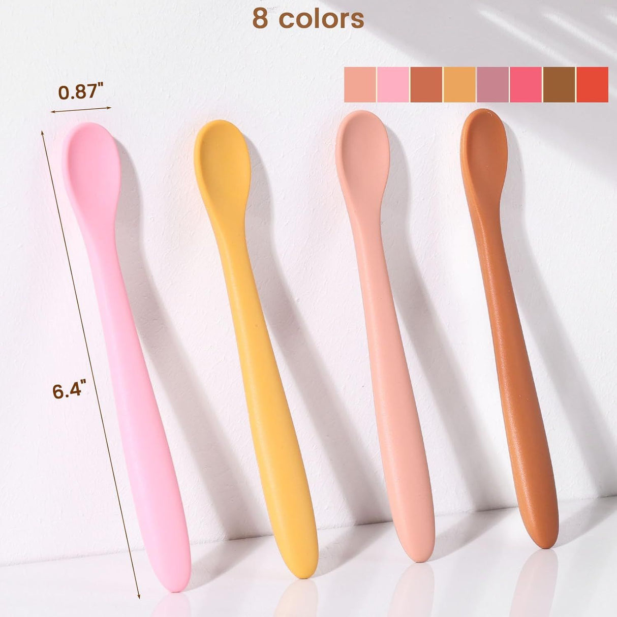 Set of eight soft tip silicone baby feeding spoons