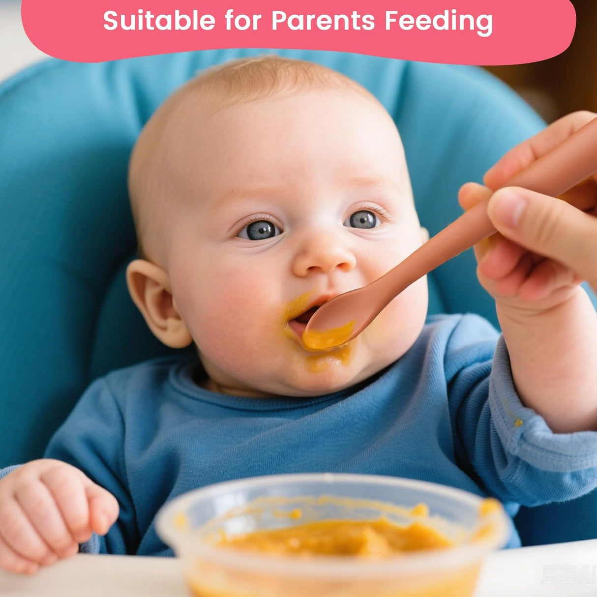 Set of eight soft tip silicone baby feeding spoons