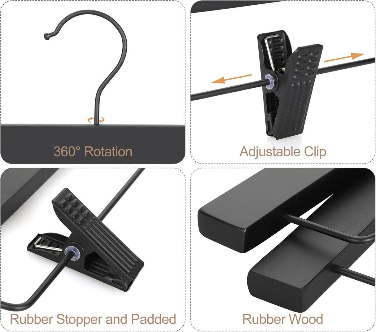 Wooden pants and skirt hangers 10 pack with clips black