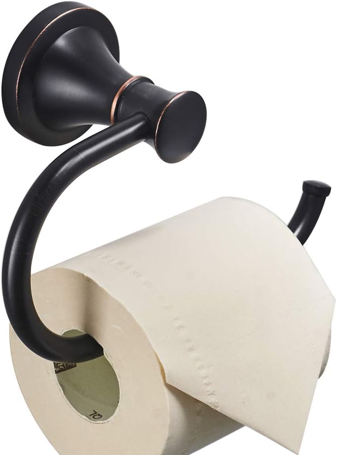 Oil rubbed bronze toilet paper holder mounted on a bathroom wall
