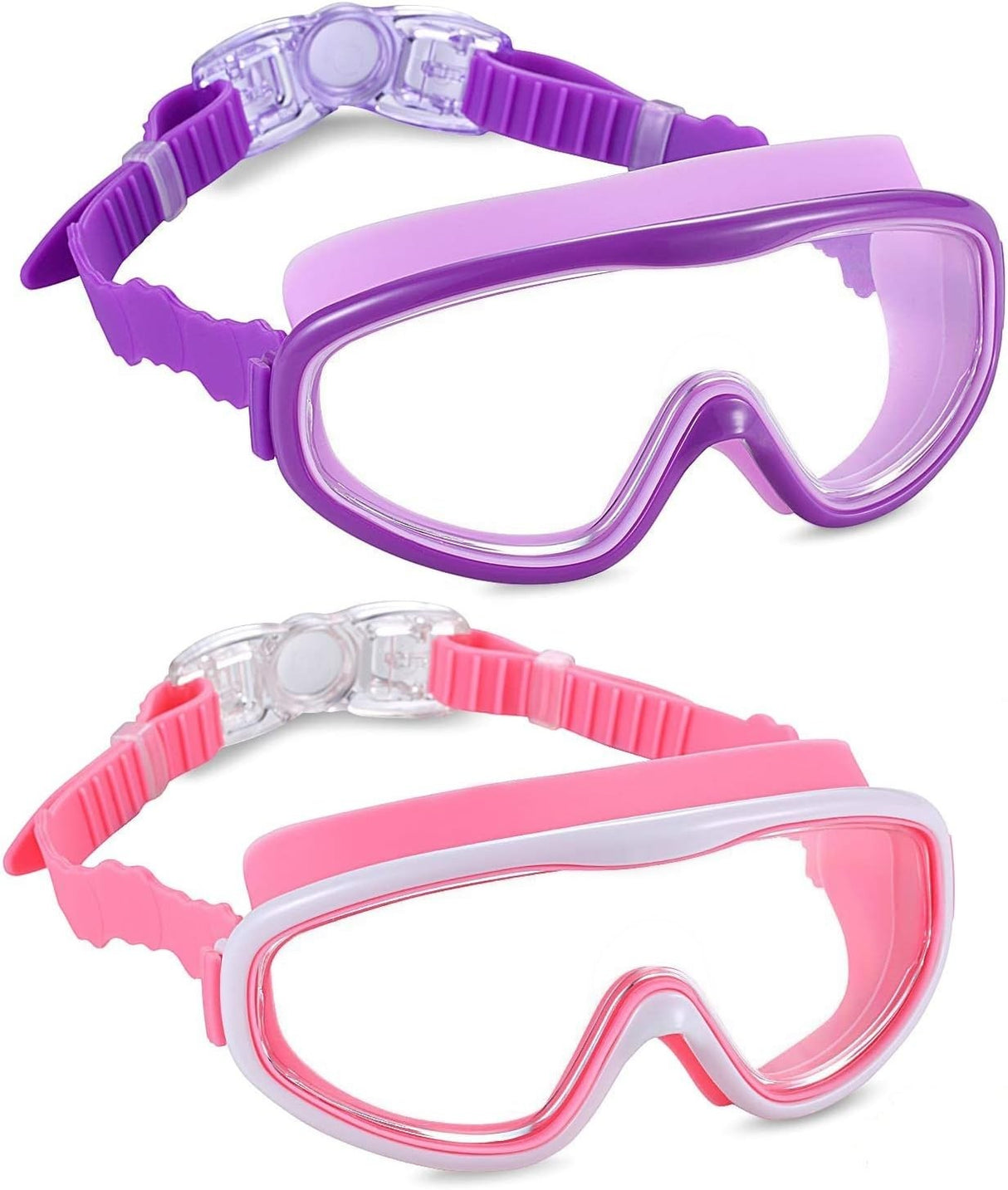 Kids Swimming Goggles with Nose Clips and Ear Plugs, 2 Pack, Purple and Pink
