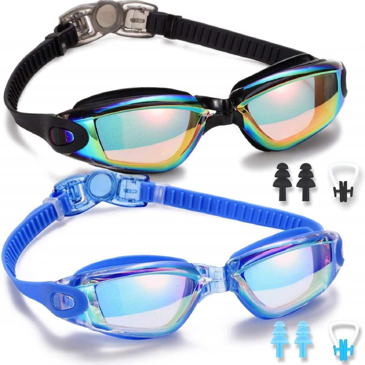 Anti Fog Swimming Goggles, 2 Pack, Black and Blue