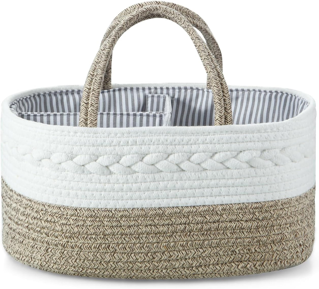 Brown cotton rope baby diaper caddy organiser with three compartments